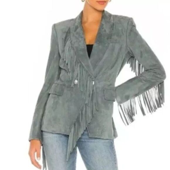 Veronica Beard Jackets & Blazers - Veronica Beard Pali Fringed Suede Dickey Jacket Slate Blue Lambskin Size 8